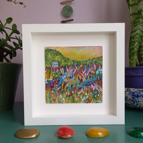 Vibrant landscape painting with cottages by Irish artist Martina Furlong