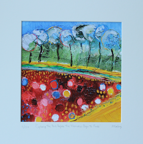 Vibrant Irish landscape painting with trees yellow red blue