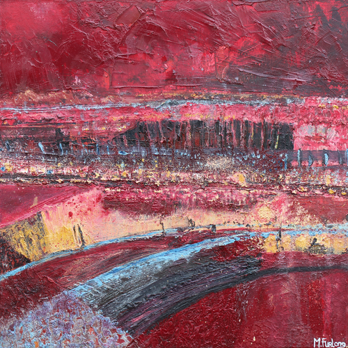Semi abstract landscape painting in alizarin crimson by Irish artist Martina Furlong