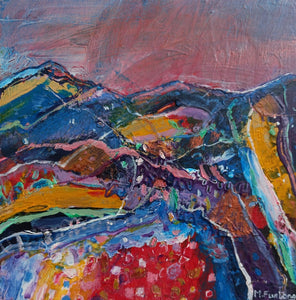 Colourful landscape painting with mountains and fields by Irish artist Martina Furlong