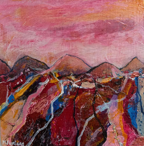 Painting of mountains and fields in red pink brown yellow and blue by contemporary artist Martina Furlong