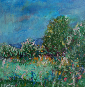 Landscape painting in green and blue with sky trees and fields by Martina Furlong