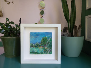 Green landscape painting with blue sky green fields by Irish artist Martina Furlong