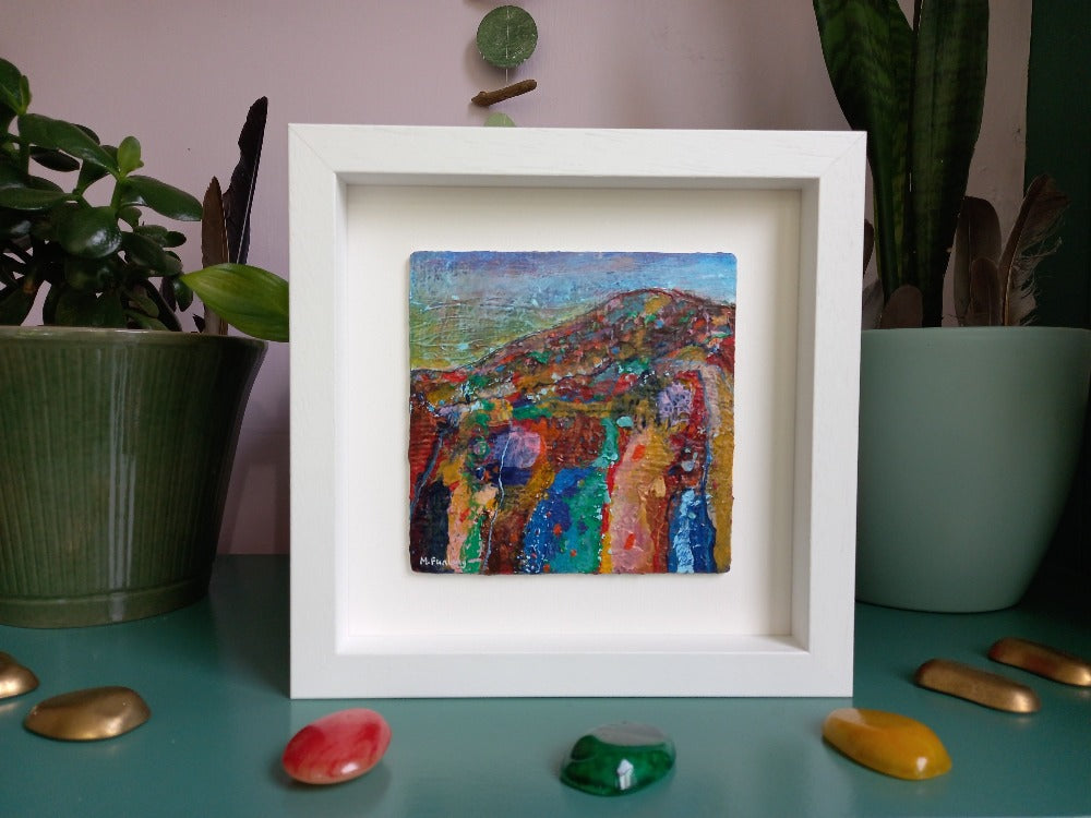 Framed Irish landscape painting colourful and textured by Martina Furlong