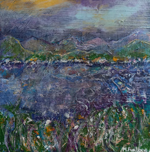 Seascape with mountains in blue green yellow and purple by Irish artist Martina Furlong
