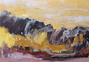 Textured landscape painting in yellow and brown by Martina Furlong
