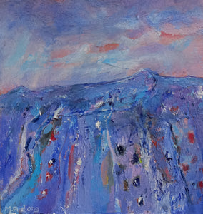 Irish landscape painting in blue purpel and orange