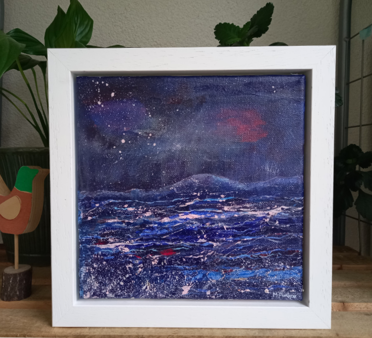 Water At Night - original acrylic painting on canvas (H20xW20cm) framed