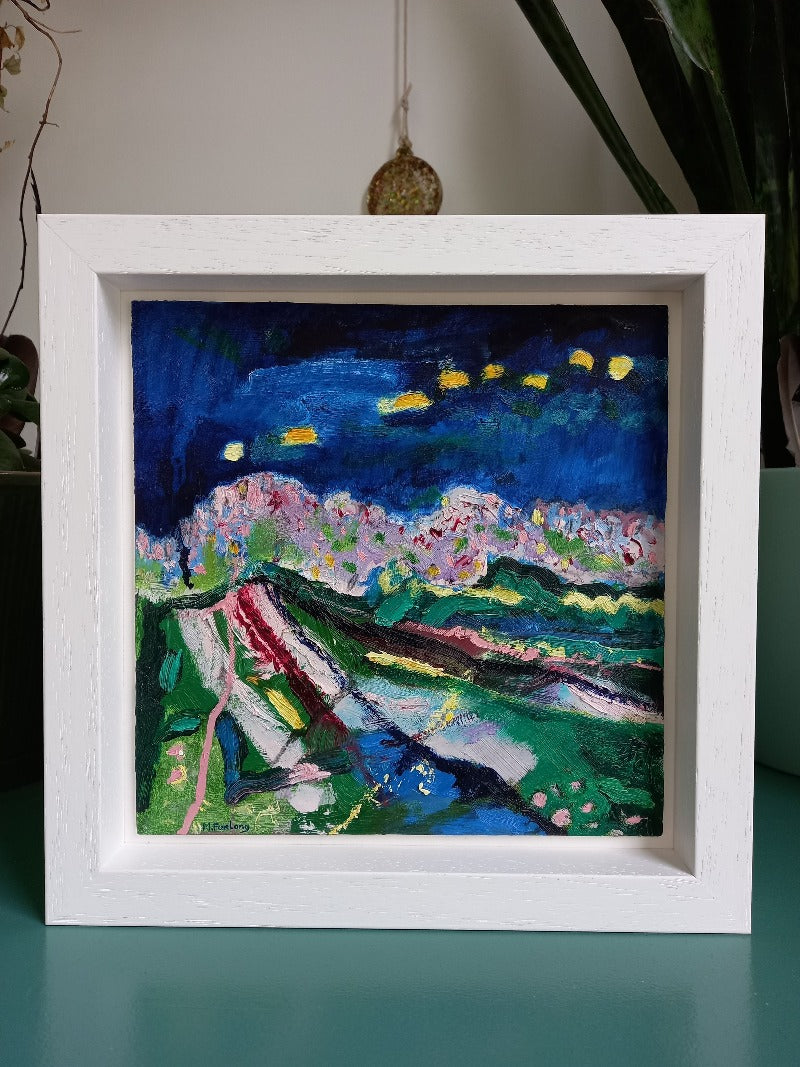 Framed oil painting abstract landscape with blue yellow pink and green by Martina Furlong Irish artist