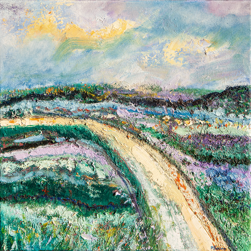 Textured Irish landscape painting with pathway fields and sky by Martina Furlong