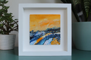 Irish landscape painting with yelow sky and mountains by Martina Furlong