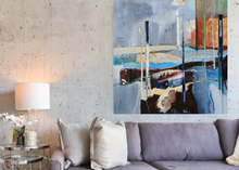 Load image into Gallery viewer, Large Abstract Painting in blue in situ in living room by Irish artist Martina Furlong