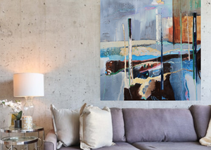 Large Abstract Painting in blue in situ in living room by Irish artist Martina Furlong