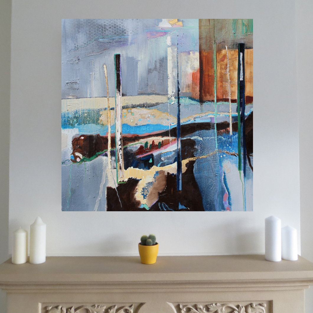 Large Abstract Painting in blue in situ in living room by Irish artist Martina Furlong