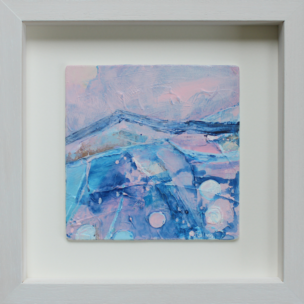 Pink and Blue landscape painting with mountains by Irish artist Martina Furong