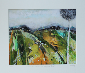 Artwork capturing the lush green Irish landscape with fields mountains and trees