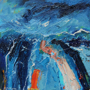 Expressionist abstract landscape painting in blue and orange by Irish Artist Martina Furlong