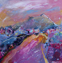 Load image into Gallery viewer, Mountainous Irish landscape painting in pink yellow purple and blue