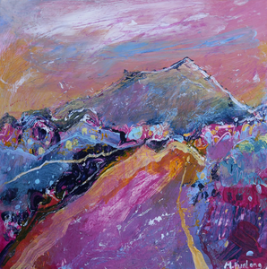 Mountainous Irish landscape painting in pink yellow purple and blue