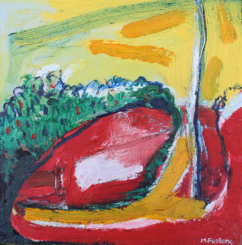 Abstract Landscape painting in red yellow and green y contemporary Irish artist Martina Furlong