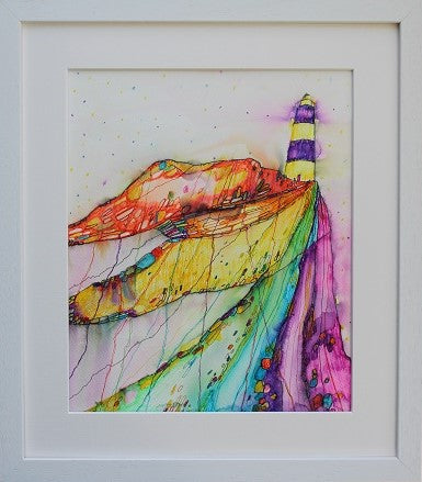 Vibrant colourful lighthouse ink drawing by Irish artist Martina Furlong