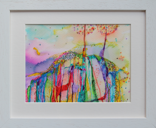 Rainbow coloured landscape drawing in ink pens depicting trees and the Irish landscape