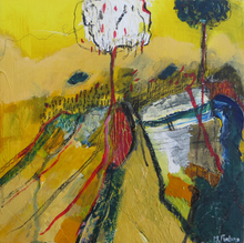 Load image into Gallery viewer, Original mixed media painting on wood with trees in yellow made in Ireland Contemporary Irish abstract landscape painting