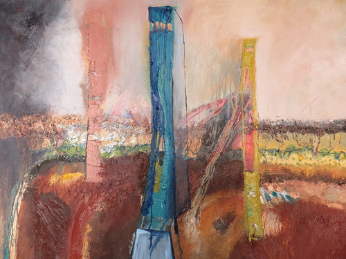 Abstract landscape painting in blue yellow brown by Irish artist Martina Furlong