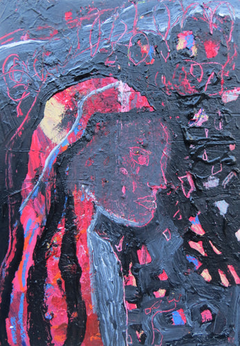 Figure In Red And Black - mixed media painting on card (H21xW15cm)