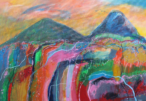 Vibrant landscape painting with mountains in red yellow pink blue green and grey by Irish artist Martina Furlong