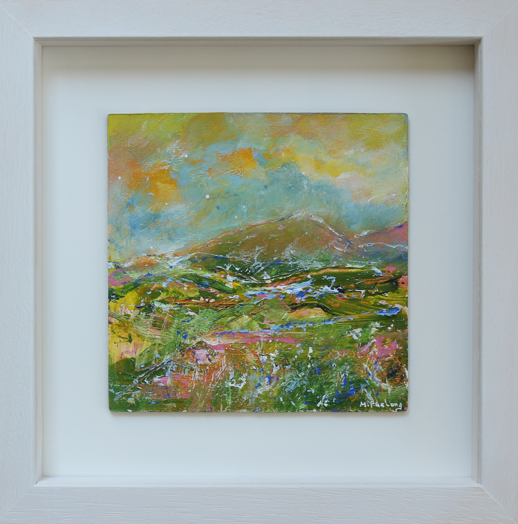 Green pink and yellow semi abstract landscape painting by Irish artist Martina Furlong
