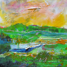 Load image into Gallery viewer, Green Fields Under A Yellow Sky - original acrylic painting on wood (framed)