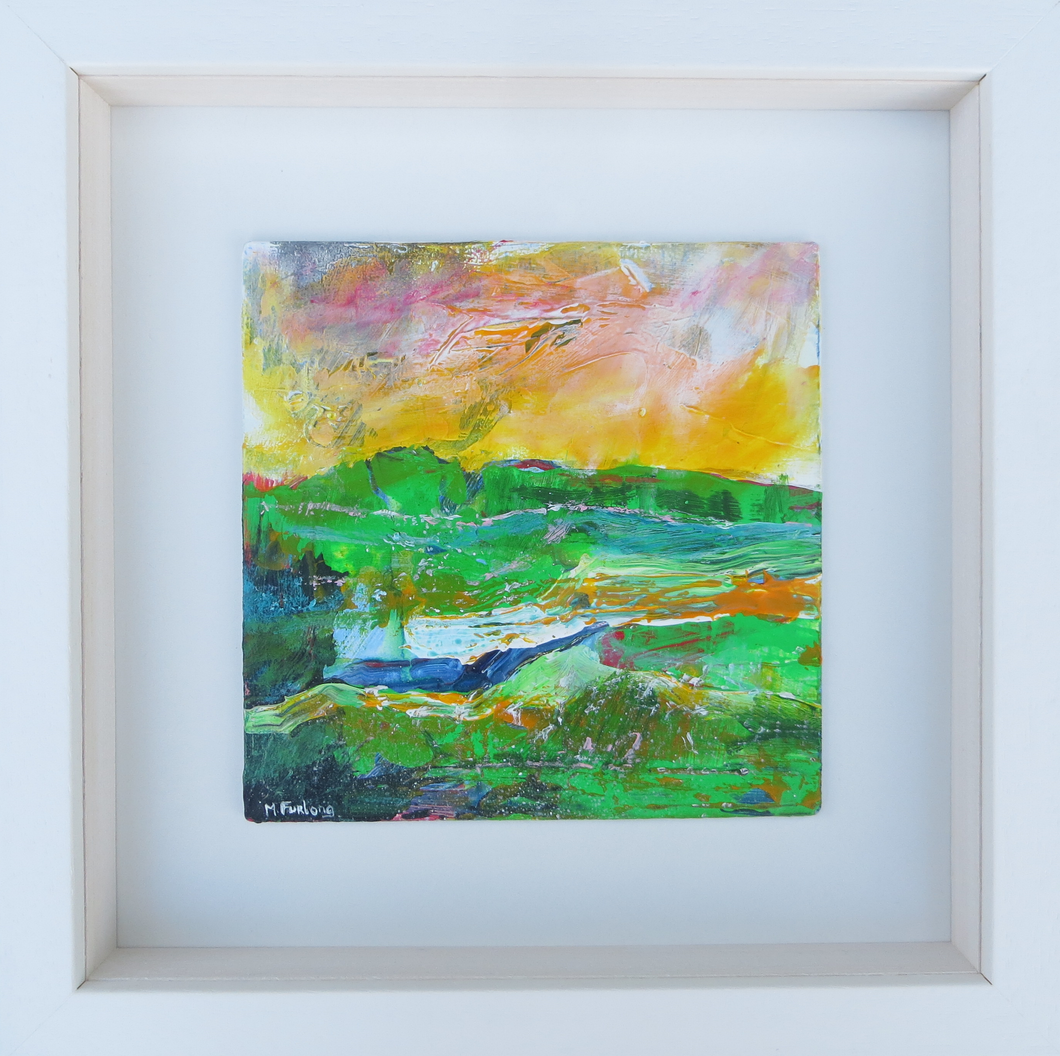 Green Fields Under A Yellow Sky - original acrylic painting on wood (framed)