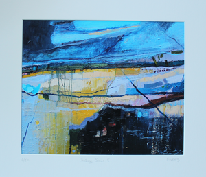 Abstract Landscape oil painting with blue yellow and black by Irish artist Martina Furlong