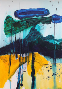 Abstract landscape mixed media painting IN YELLOW GREEN AND BLUE by Martina Furlong Artist Irish Abstract Art