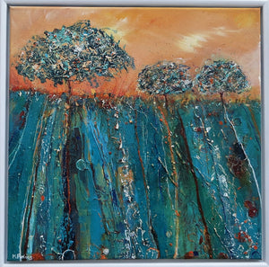 Irish landscape painting with trees in turquoise and orange by Martina Furlong