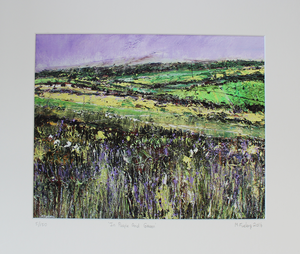 Limited edition print of a Purple and green Irish landscape painting with fields and mountains