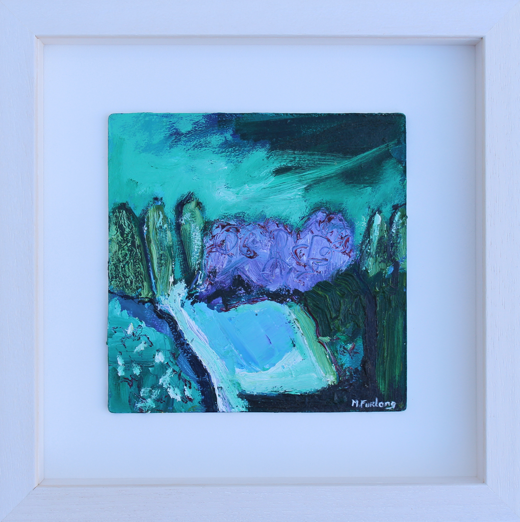 Expressive abstract landscape painting with trees in purple and green by contemporary irish artist Martina Furlong