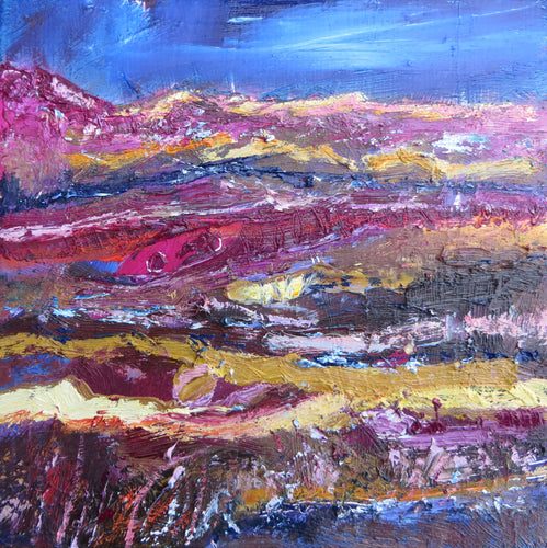 Landscape With Magenta, Blue And Brown 2018 - original oil painting on wood (H15xW15cm)