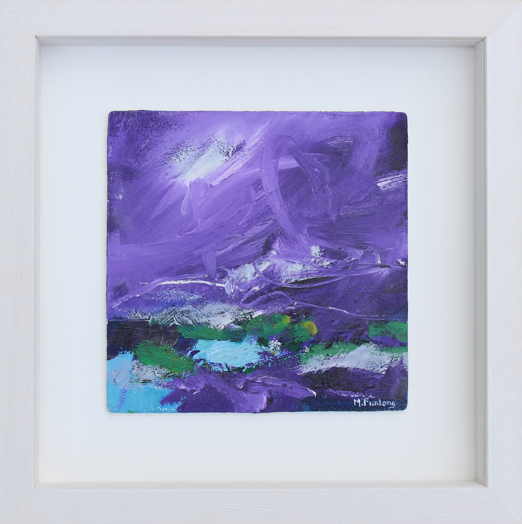Expressive landscape painting in purple and green