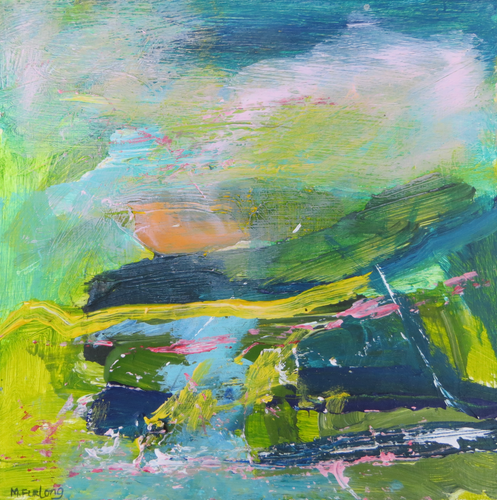 Original Irish landscape painting in green yellow pink on wood by Martina Furlong Artist Green painting Irish art abstract landscape painting in green