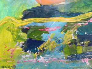 Landscape Study With Green, Yellow And Pink, 2020 - original acrylic painting on wood (framed