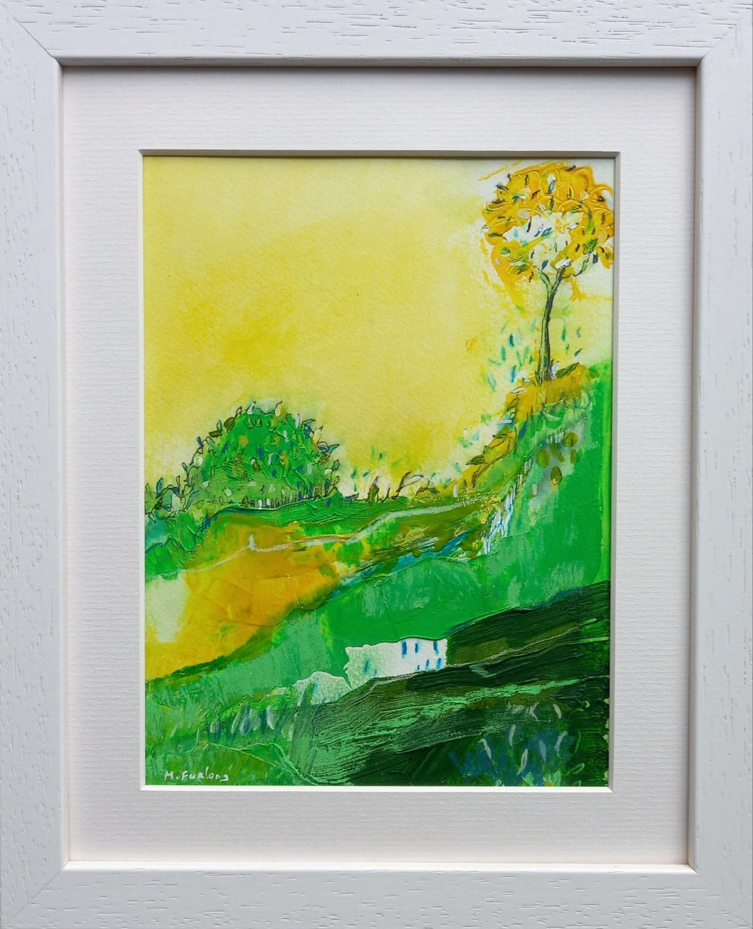 Framed landscape painting with tree in yellow and green by Irish artist Martina Furlong