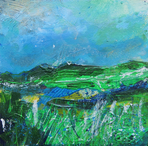 Landscape In Shades Of Green And Blue - original painting on wood by Martina Furlong inspired by the Irish landscape