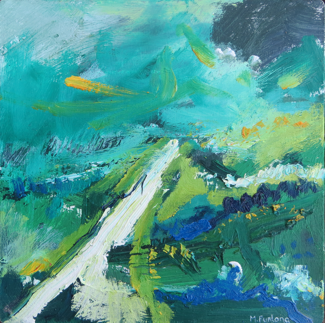 Landscape Study In Green, Yellow And Blue 2019 - original oil painting on wood (H15xW15cm)