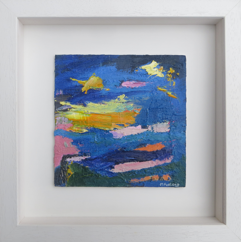Expressive abstract landscape painting in yellow blue and pink capturing the landscape of Ireland
