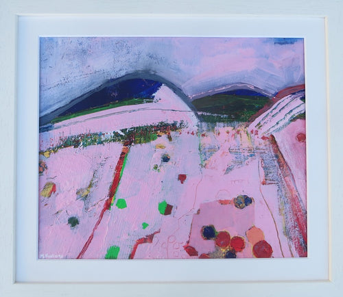 Landscape With Pink Sky II - original mixed media painting on paper (framed)