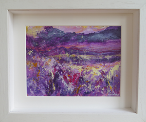 Landscape With Purple And Gold - original acrylic painting on paper (framed)
