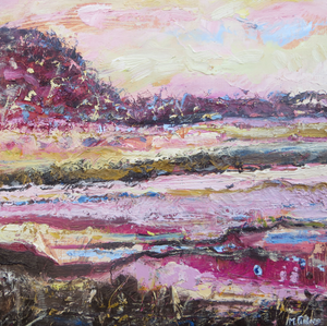 Irish landscape painting in pink yellow and blue by Contemporary Irish Abstract and Landscape Artist Martina Furlong