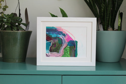Framed painting abstract landscape in pink and green